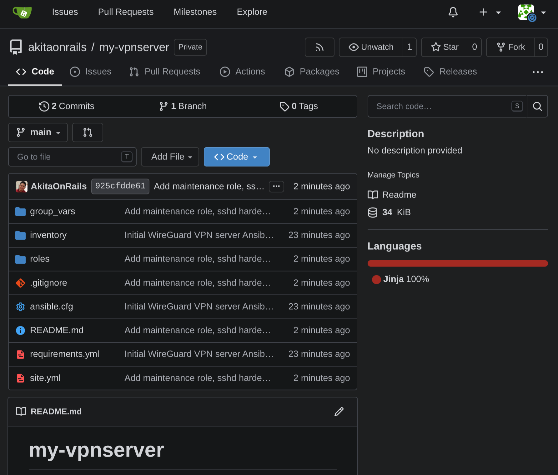 Meu repositório privado no Gitea com o playbook Ansible do servidor: cadeado de “Private”, roles, group_vars e um README de operação