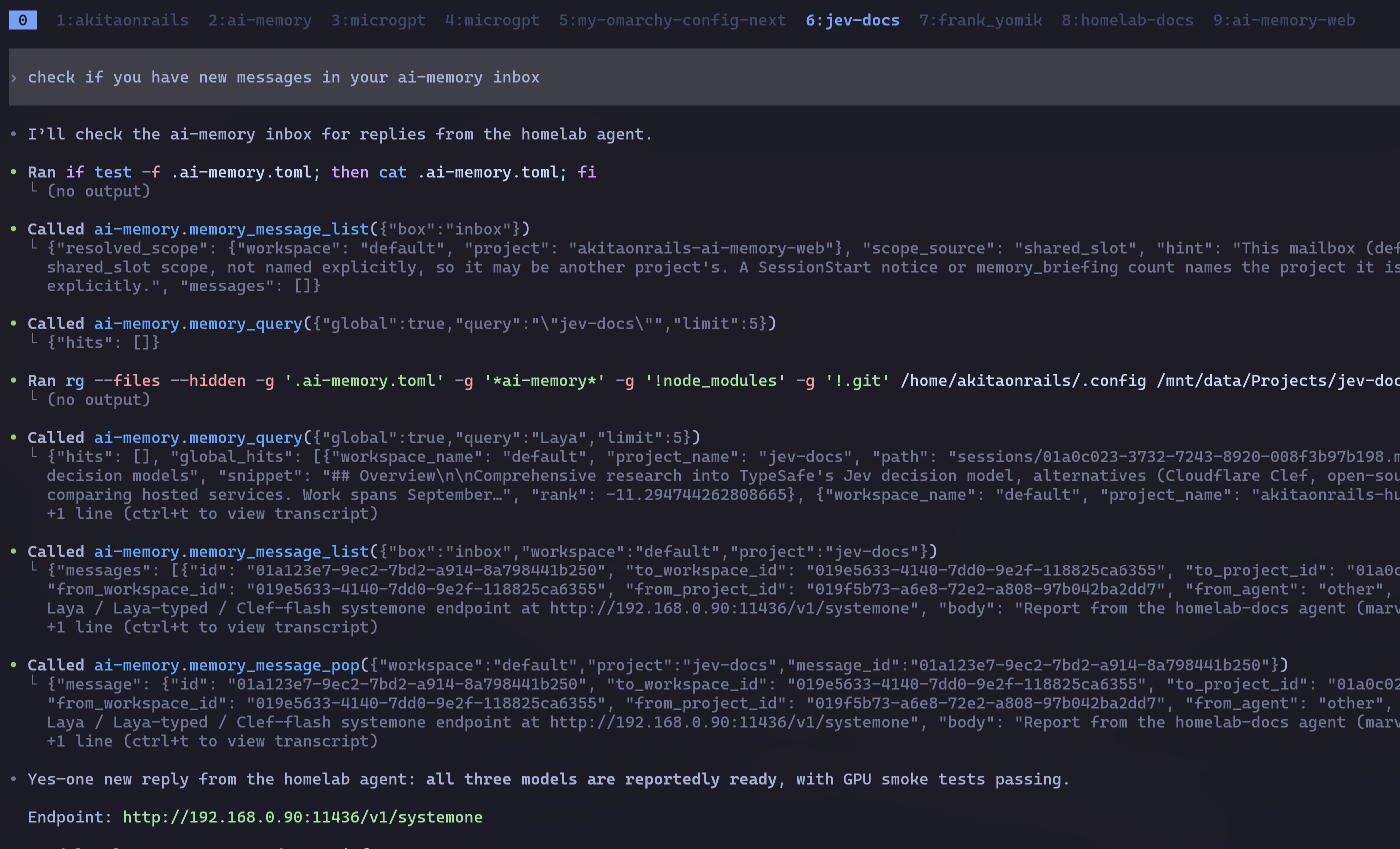 Terminal do agente do desktop consultando a caixa de mensagens do ai-memory, onde o agente do homelab deixa seus relatórios