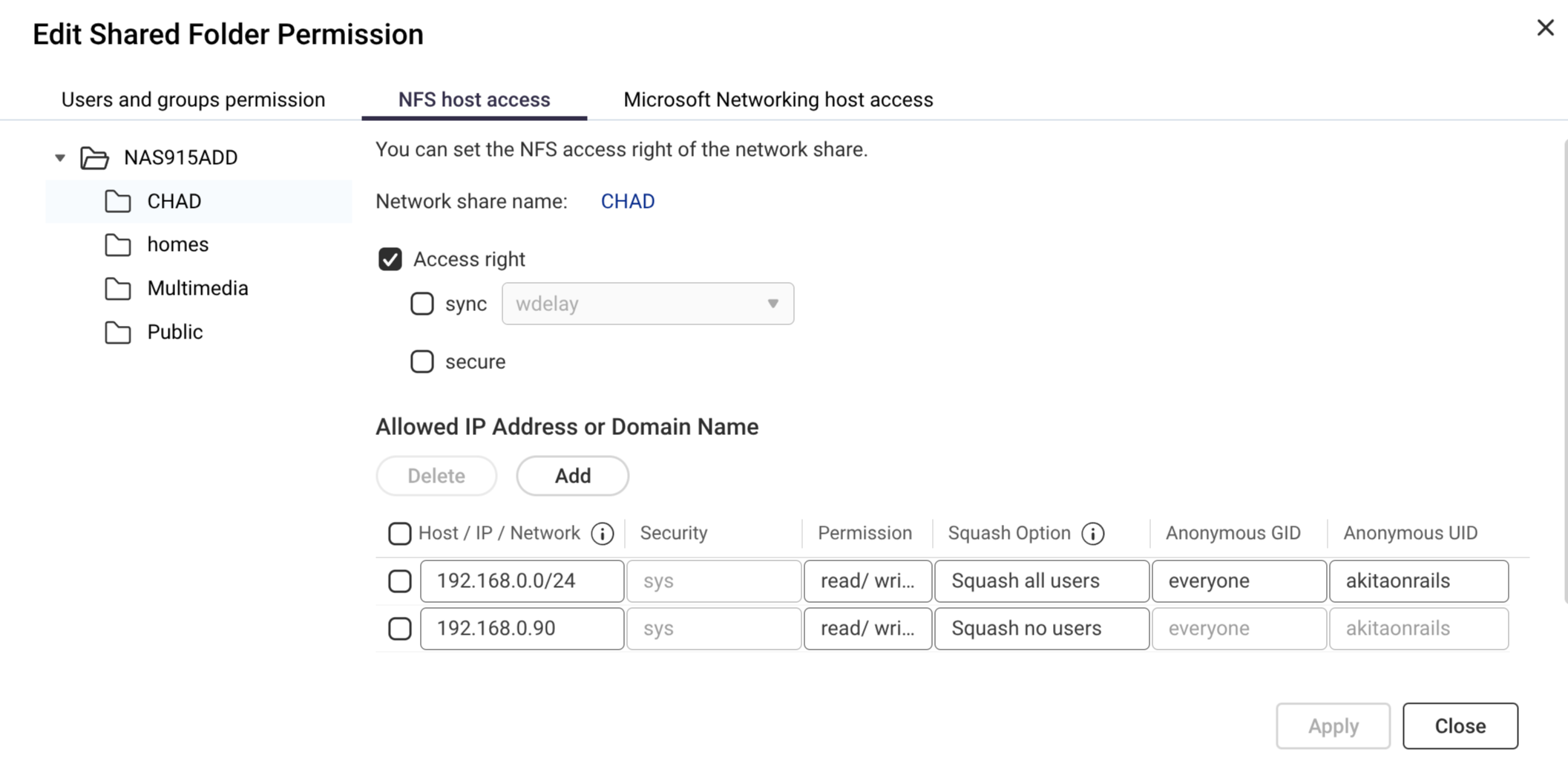 Tela de permissões NFS do QNAP, com a regra por host pro servidor do homelab