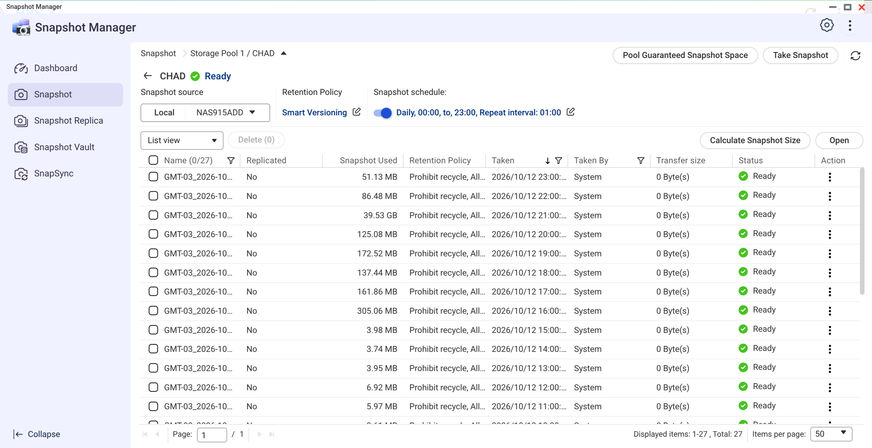 Snapshot Manager do QNAP com 27 snapshots horários da pasta CHAD, a maioria consumindo entre 3 e 300 MB